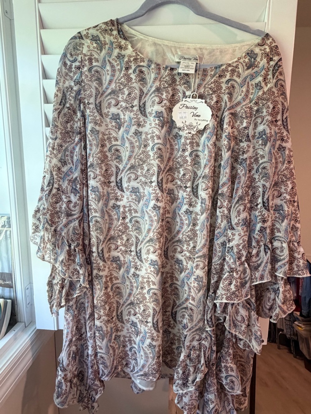 Paisley Print Ruffle Sleeve Tunic - Blue & Cream - Paisley Vine 1XL - NWT